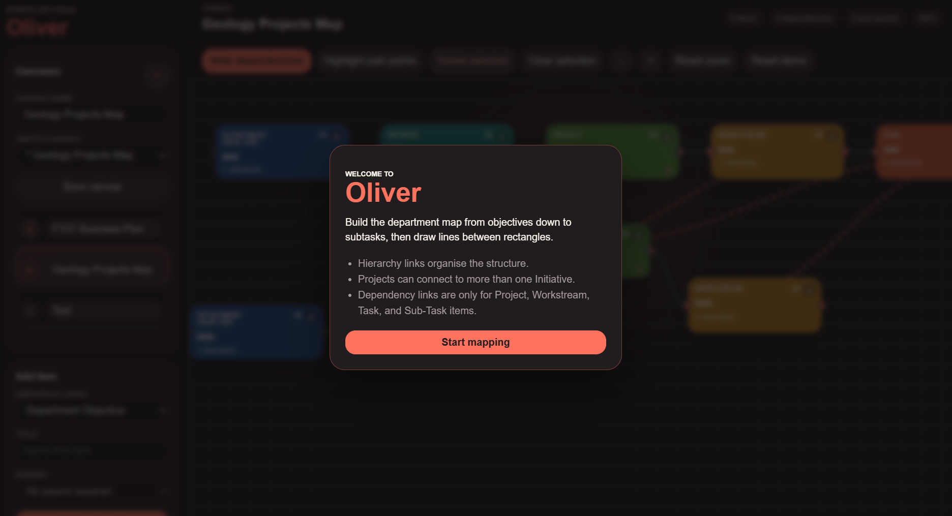Oliver project management application opening view